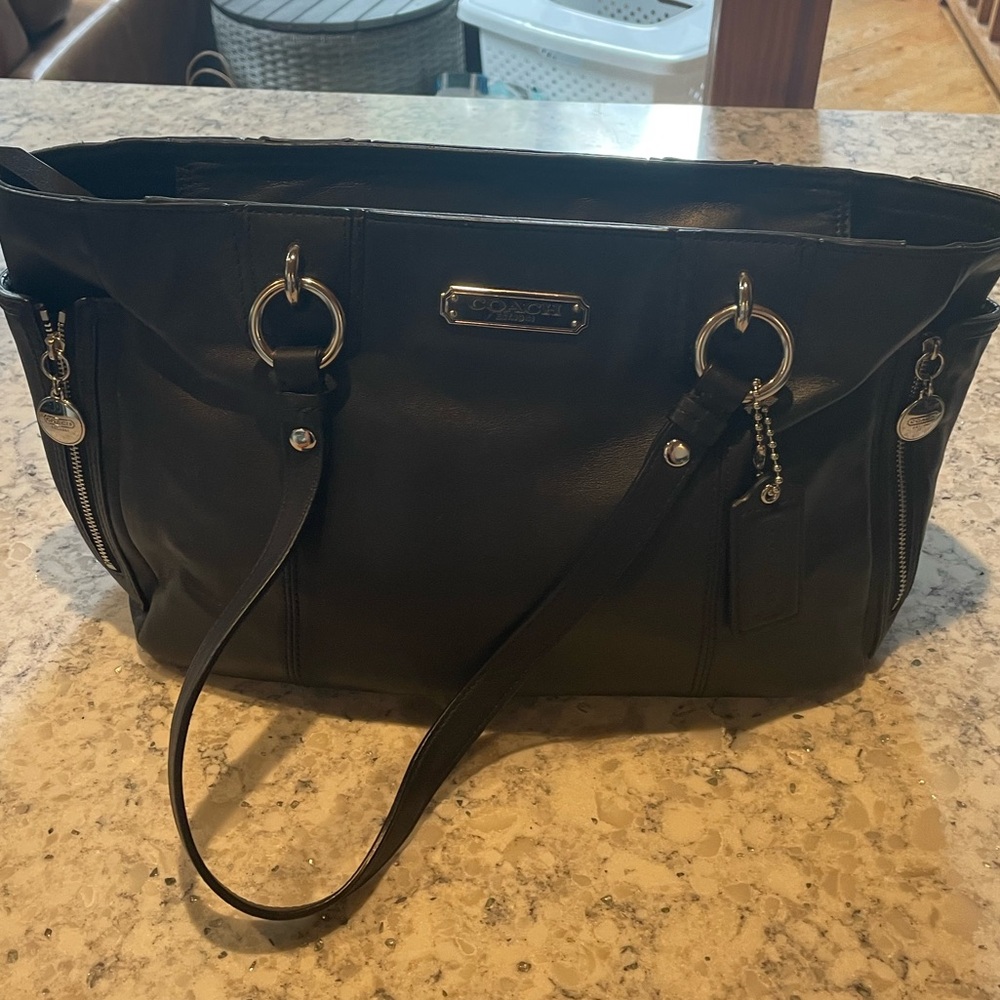 Coach Black Leather Tote with Silver Accents